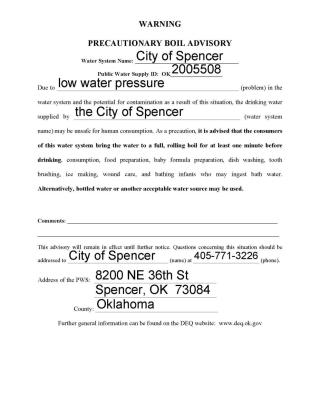 Message from Spencer's Public Works Department! Precautionary Boil Advisory 